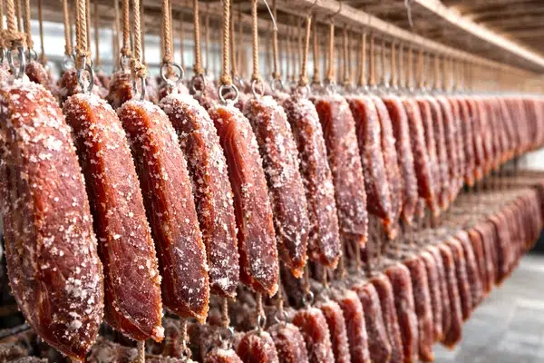 Lomos de atún en salazón colgados durante el proceso de curación de la mojama, cubiertos de sal marina.